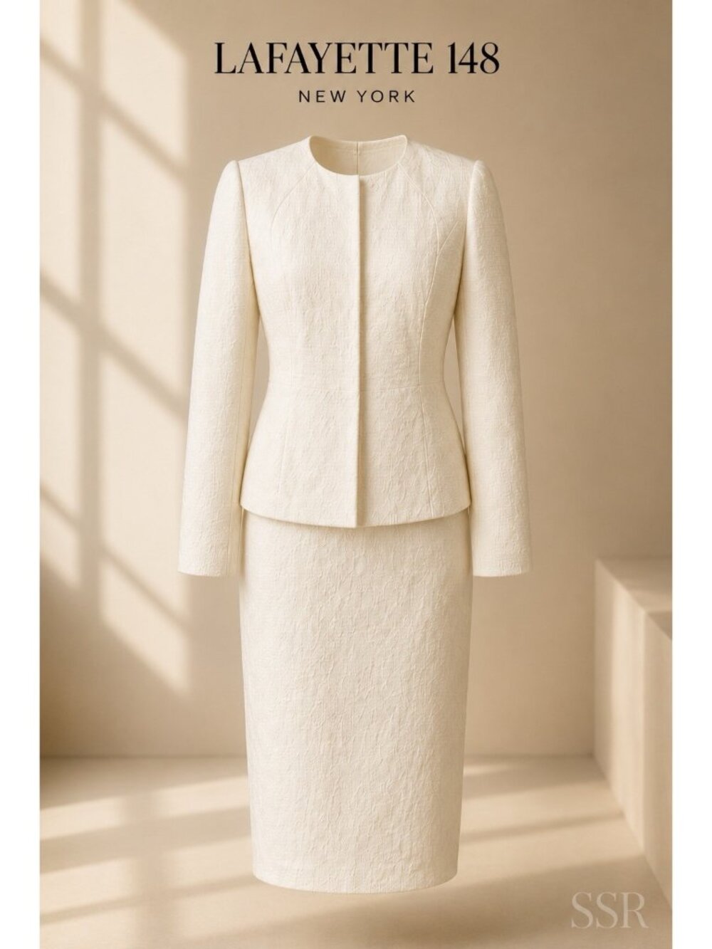 LAFAYETTE 148 New York Cream Sheath Dress & Jacket Suit Set Size 0 | Textured Ca
